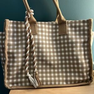GUC j.crew factory tan and white gingham tote bag